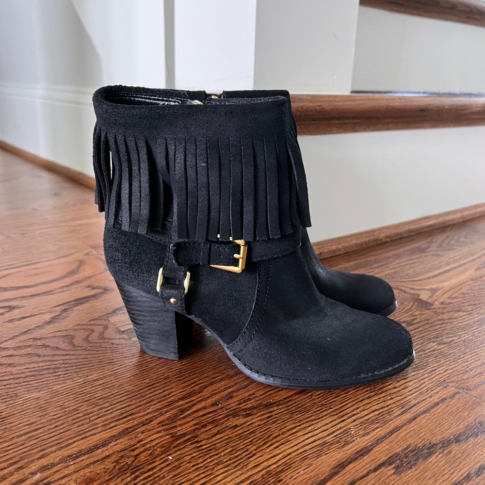 LRL Ralph Lauren Mara Black Suede Fringe Ankle Boots Gold Buckle 7.5B 11739 G14 - Picture 12 of 15